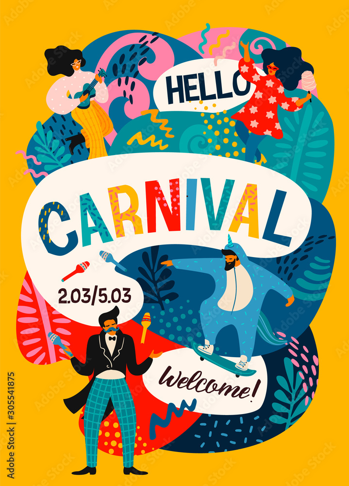 Hello Carnival. Vector poster with funny dancing men and women in bright modern costumes.