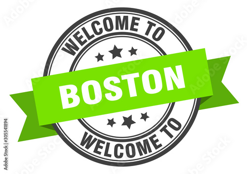 Boston stamp. welcome to Boston green sign