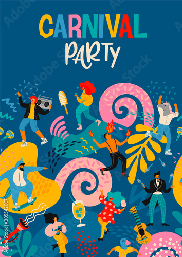Hello Carnival. Vector poster with funny dancing men and women in bright modern costumes.