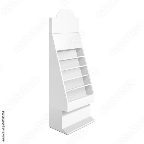 Cardboard Retail Shelves Floor Display Rack For Supermarket Blank Empty. Mock Up. 3D On White Background Isolated. Ready For Your Design. Product Advertising. Vector EPS10