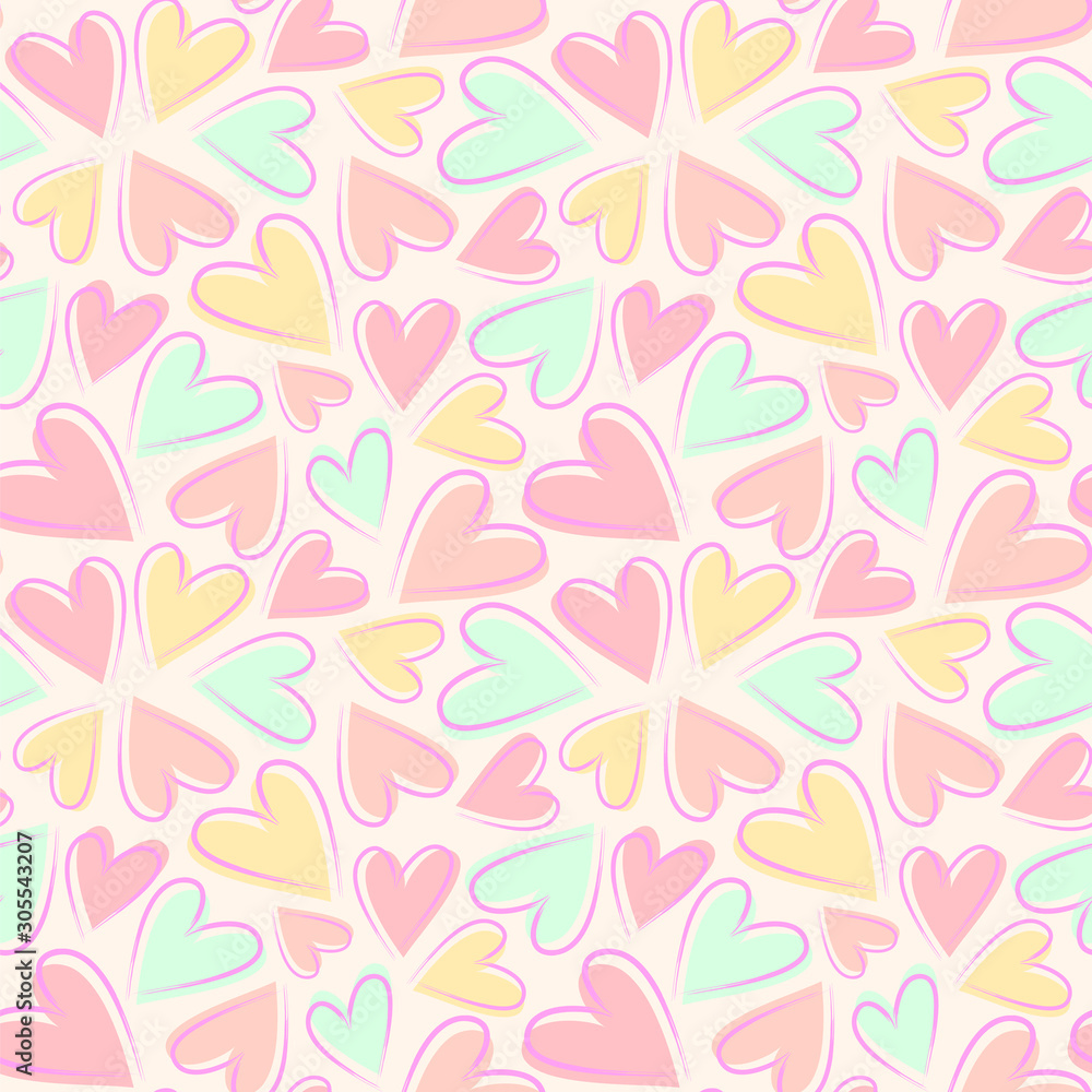 Seamless vector pattern with hearts in pastel colors.