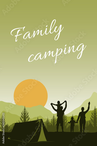 Family camping, outdoor activities and travel. People in nature - forest, mountains and sun. Children and parents have a rest together. Dad, mom and sons are happy to watch the sunset. Flat vector.