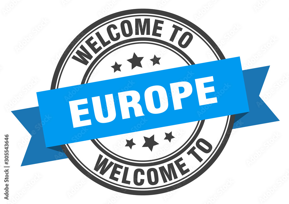 europe stamp. welcome to europe blue sign