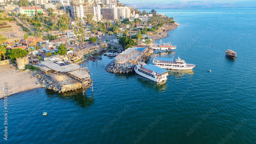 Tiberias city. Aerial view of Sea of Galilee, Israel