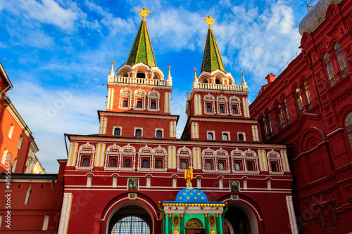 Resurrection Gate, main access to Red Square in Moscow, Russia. Gate adjoins State Historical Museum and former building of Moscow City Hall
