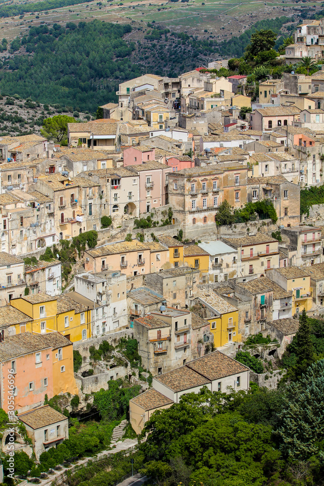 Elevated view of houses in the old town of Ragusa in Sicily, Italy