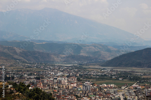 The view from the heights of the famous tourist city of Berat, Albania. Medieval city surrounded by mountains.