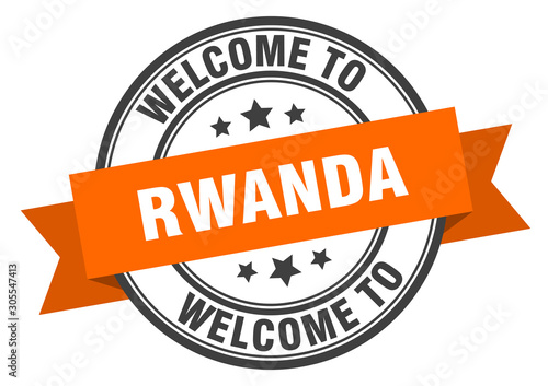 Rwanda stamp. welcome to Rwanda orange sign