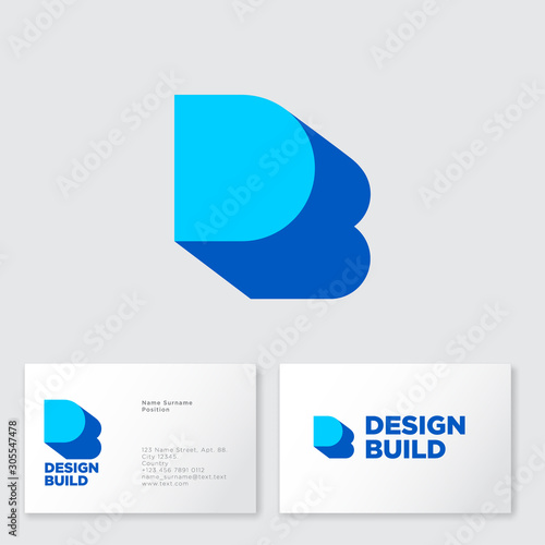 D, B logo concept. D letter with shadow like letter B on a white  background. Network, web, UI icon. B is a shadow of D letter. Business card.