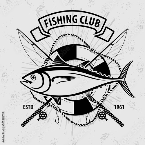 Fishing Logo Badge Illustration with Tuna fish, Ideal For Fishing Club, Tournament, Restaurant, Fashion Apparel Patch, Sticker, Sign, Event, And Many Other Fishing Related Activities