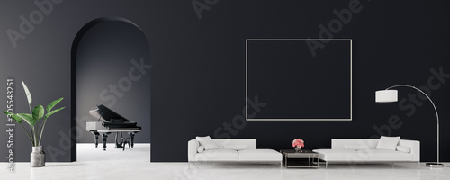 Modern interior design, Living room with black concrete and white marble, 3d Render 3d illustration