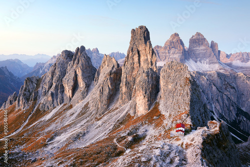 Sunset alpine landscape in Cadini di Misurina, Dolomites, Italy, Europe