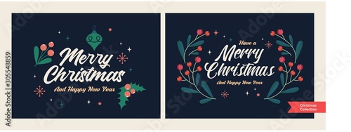 Set of Christmas and Happy New Year Floral Card templates. Trendy retro style. Vector design element.