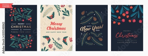 Set of Christmas and Happy New Year Floral Card templates. Trendy retro style. Vector design element.