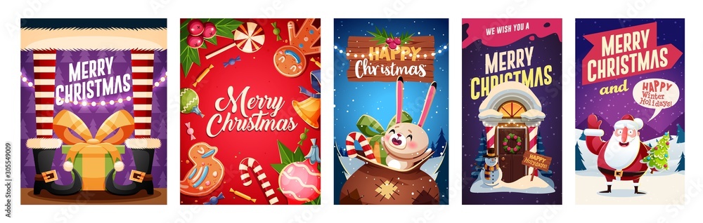 Set of Merry Christmas and Happy new Year greeting cards design with Christmas characters. Vector illustration Set of Merry Christmas and Happy new Year greeting cards design with Christmas characters. Vector illustration