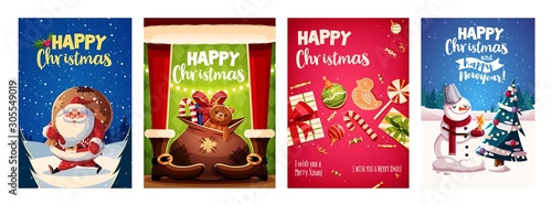 Set of Merry Christmas and Happy new Year greeting cards design with Christmas characters. Vector illustration