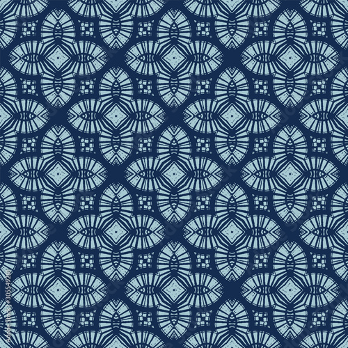 Dyed Indigo Blue Batik Cross Texture. Variegated Tie Dye Floral Background. Japan Indonesian Ethnic Seamless Pattern. Distressed Irregular Bleach Fade Effect Textile. All Over Print. Vector Eps 10