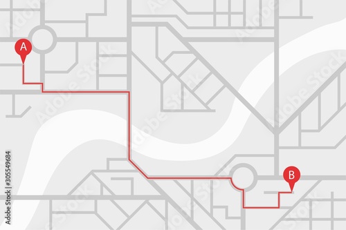 City street map plan with GPS pins and navigation route from A to B point markers. Vector gray color illustration schema