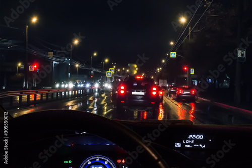 View from the car on night traffic