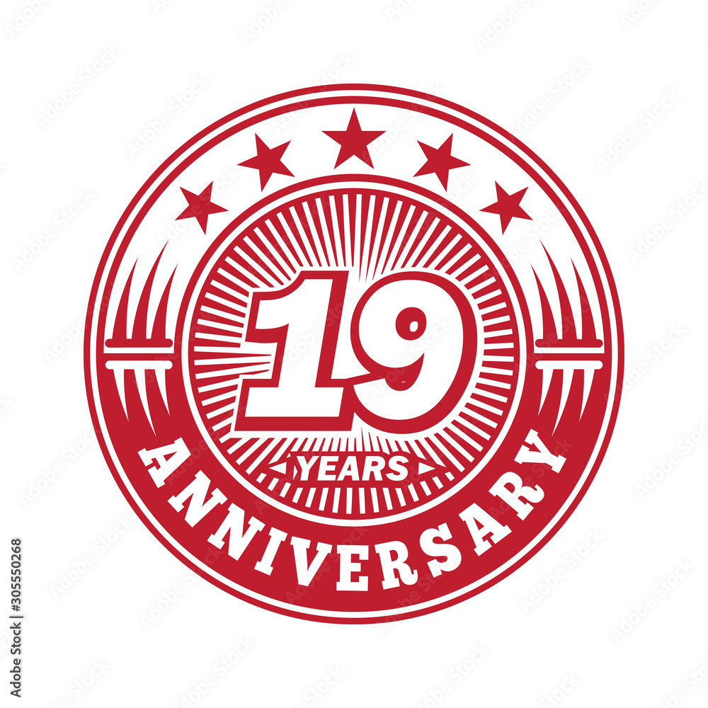 19 years logo. Nineteen years anniversary celebration logo design. Vector and illustration. 19 years logo. Nineteen years anniversary celebration logo design. Vector and illustration.