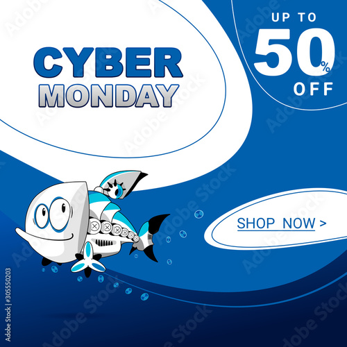 Hand-drawn character cyber fish, aquatic environment, air bubbles. Cute illustration, flat style. Cyber monday, web banner, poster, billboard, online business, internet advertising. Button shop now.