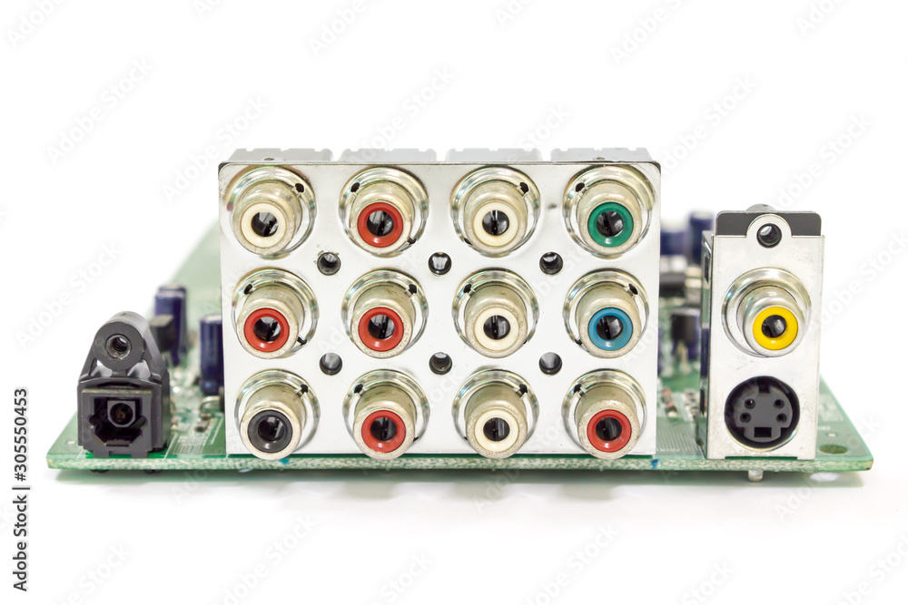 Video and Audio port of DVD player motherboard repair close-up, electronic  hardware concept. Stock Photo | Adobe Stock