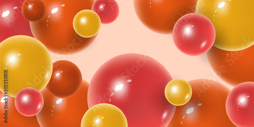 Vector abstract background with 3d effect, falling shiny glossy multi-colored plastic balls and spheres. Mockup for banner design, vector illustration.