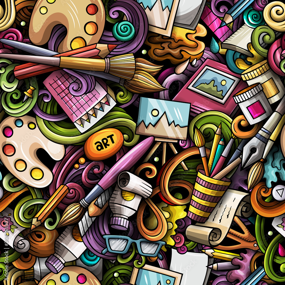 Fototapeta premium Cartoon cute doodles hand drawn Artist seamless pattern