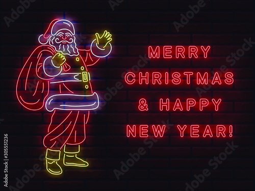 merry christmas and happy new year neon santa claus congratulation