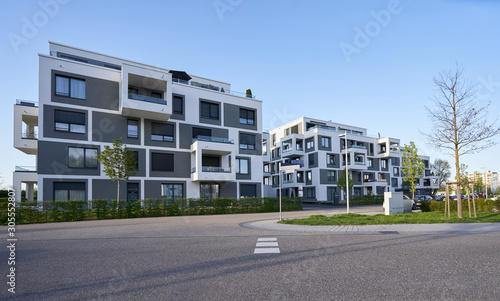 Pforzheim, Germany - April 21, 2019: Modern cube-shaped apartment building with exposed balconies in a modern European area