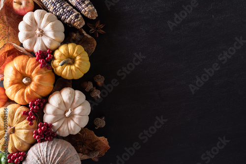 Top view of Autumn maple leaves with Pumpkin and red berries on black wooden background. Thanksgiving day concept.