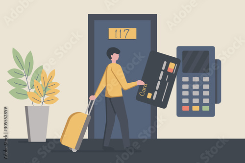 Process of paying for hotel room. Male tourist with baggage pays and book hotel room.