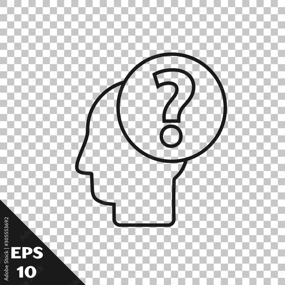 Black line Human head with question mark icon isolated on transparent ...