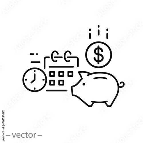 money savings icon, plan retirement, piggy bank, pension fund, employee income, thin line web symbol - editable stroke vector illustration eps10