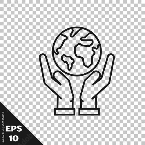 Black line Human hands holding Earth globe icon isolated on transparent background. Save earth concept.  Vector Illustration