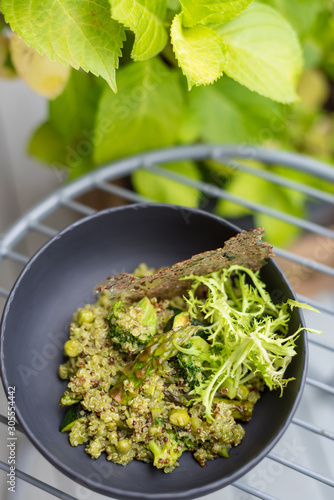 Green Quinoa with Steamed Asparagus and Broccoli. Healthy Breakfast or Lunch Dish