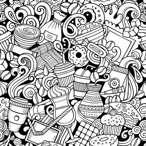 Cartoon cute doodles hand drawn Coffee Shop seamless pattern.