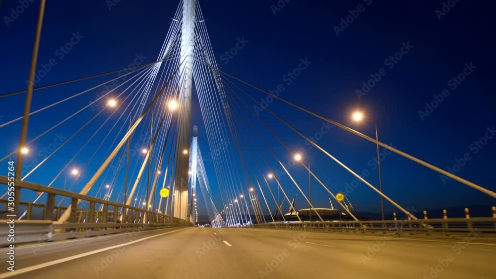 New stylish expressway Western Speed Diameter in St. Petersburg at night, the Big Cable-stayed Bridge impresses with its size and beauty New stylish expressway Western Speed Diameter in St. Petersburg at night, the Big Cable-stayed Bridge impresses with its size and beauty