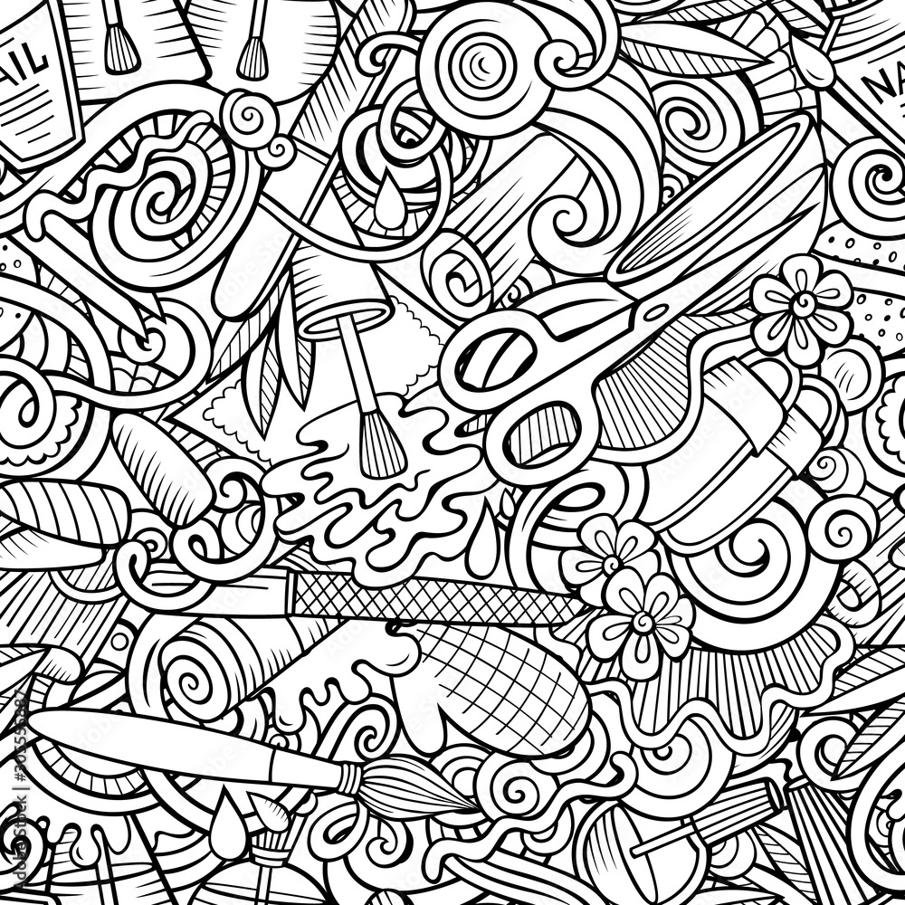 Manicure hand drawn doodles seamless pattern. Nails art background Manicure hand drawn doodles seamless pattern. Nails art background