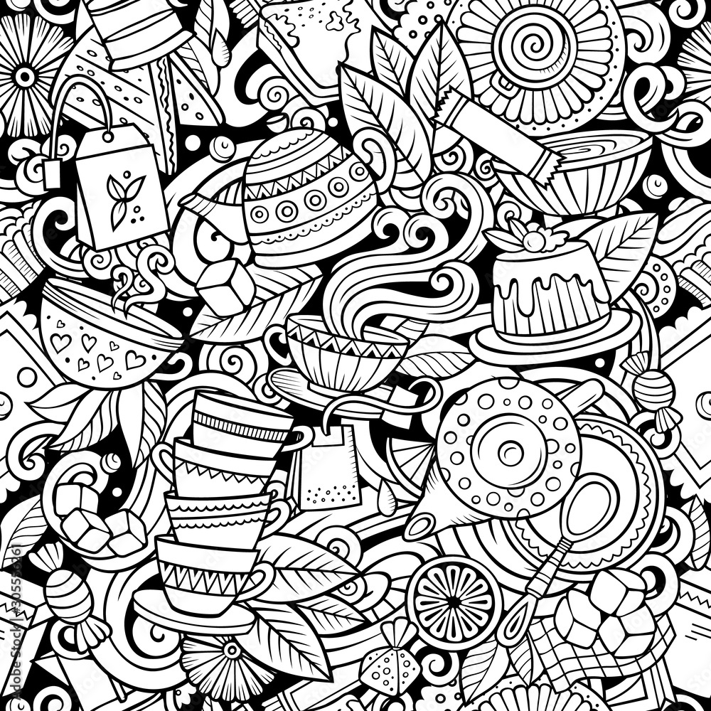 Cartoon cute doodles hand drawn Tea House seamless pattern.