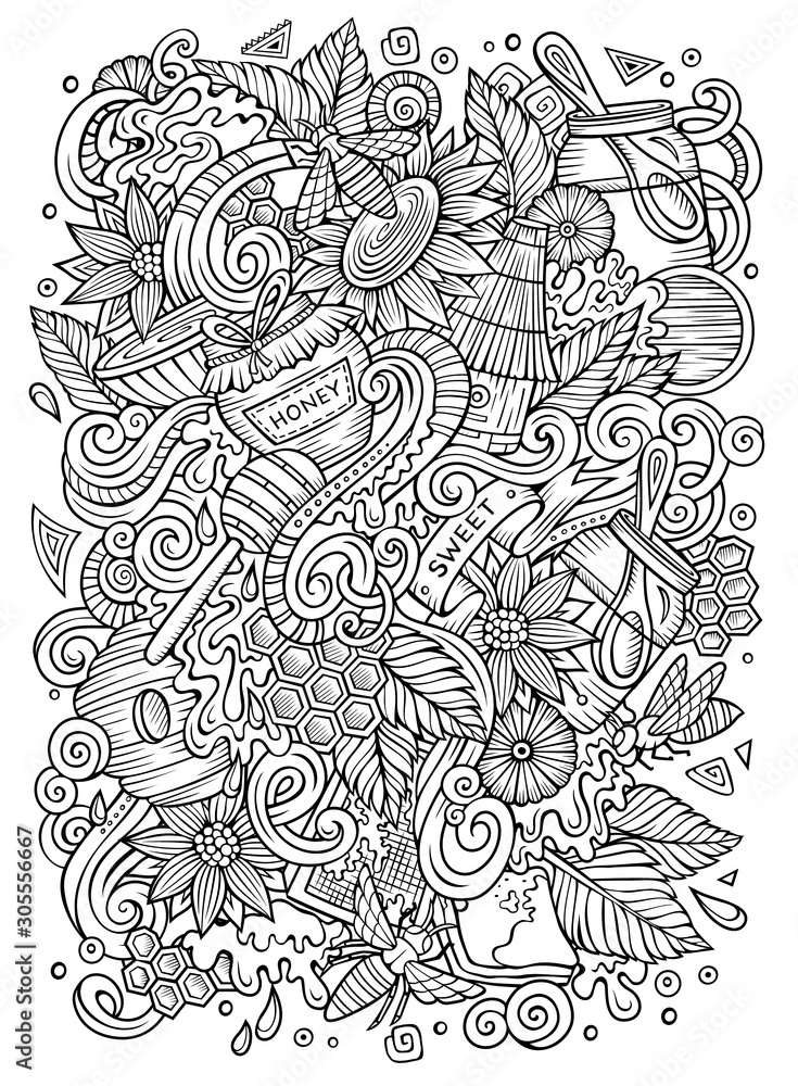 Fototapeta premium Cartoon cute doodles hand drawn Honey illustration.