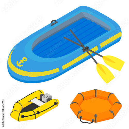 Inflatable boat icons set. Isometric set of inflatable boat vector icons for web design isolated on white background
