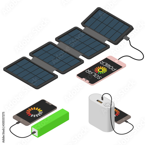 Power bank icons set. Isometric set of power bank vector icons for web design isolated on white background