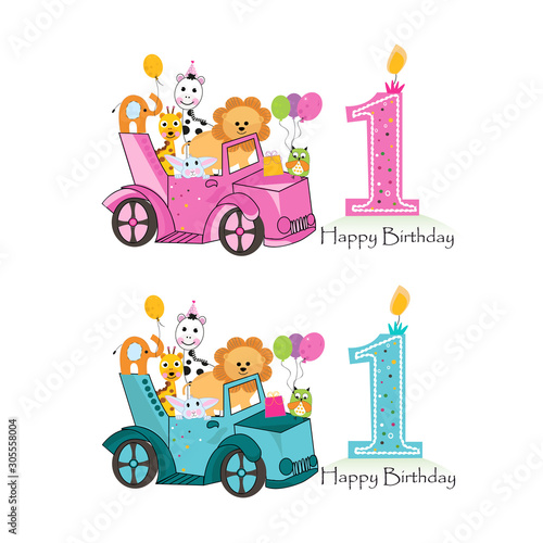 First birthday car with animals background. Pink car. Baby Girl. Birthday card