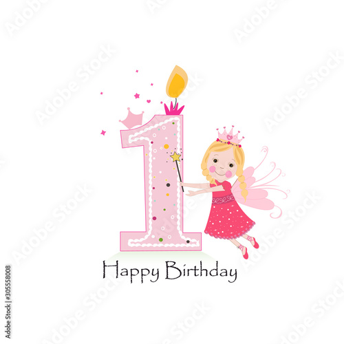 Happy first birthday candle. Baby girl greeting card with fairy tale vector background
