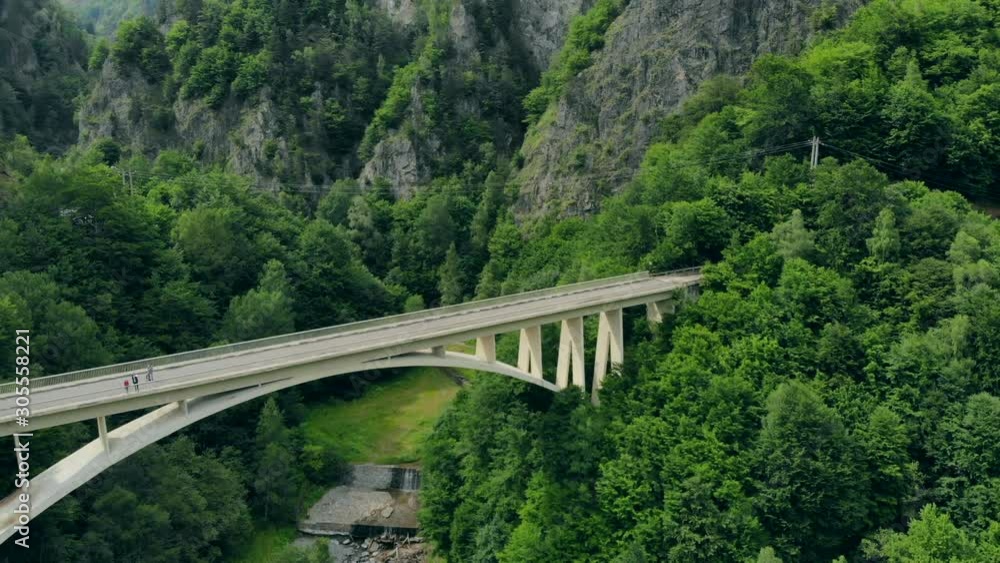 Drone flying over the bridge among the high mountains covered with forest, Transylvania, Romania Drone flying over the bridge among the high mountains covered with forest, Transylvania, Romania