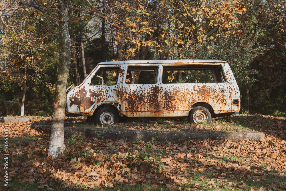 Old abandoned rusty car in a park.