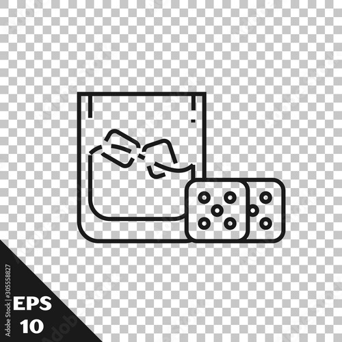 Black line Game dice and glass of whiskey with ice cubes icon isolated on transparent background. Casino gambling. Vector Illustration