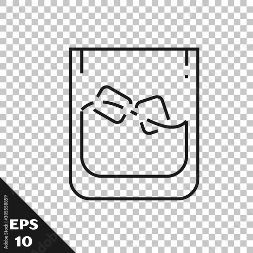 Black line Glass of whiskey and ice cubes icon isolated on transparent background. Vector Illustration