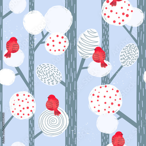 Seamless abstract Christmas pattern with bullfinches and trees. Vector winter forest background. 